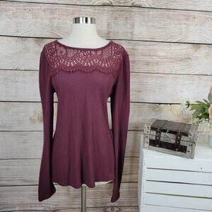 Lucky Brand Women's Lace Yoke Thermal Waffle Weave Maroon Long Sleeve Top Size L